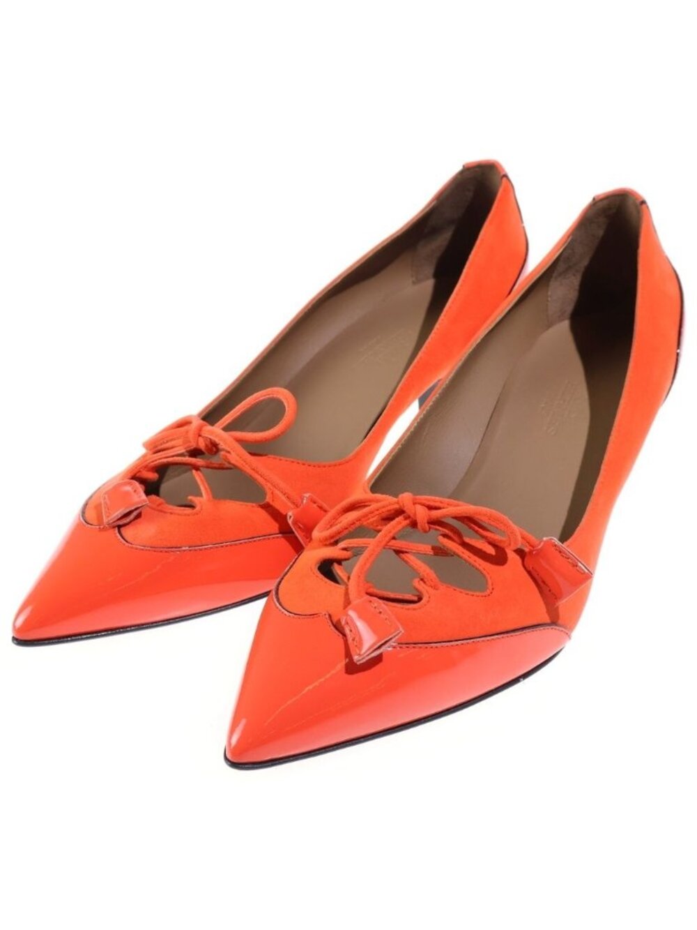 Hermes Pointed Toe Lace-up Heels Pumps Orange Patent Suede